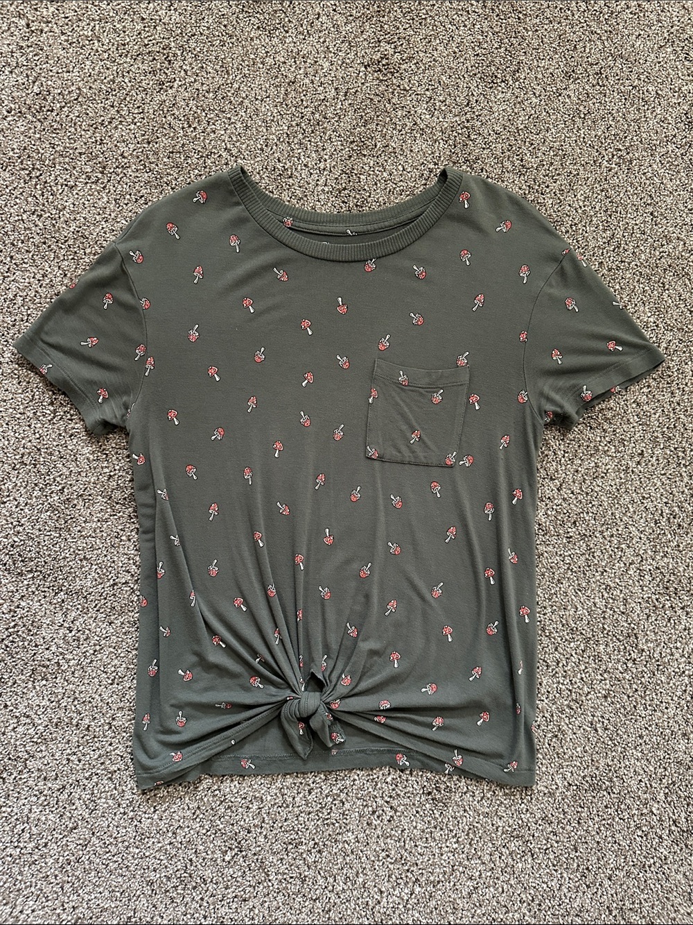No Boundaries Olive Short Sleeve Tee with Red/Cream Mushrooms